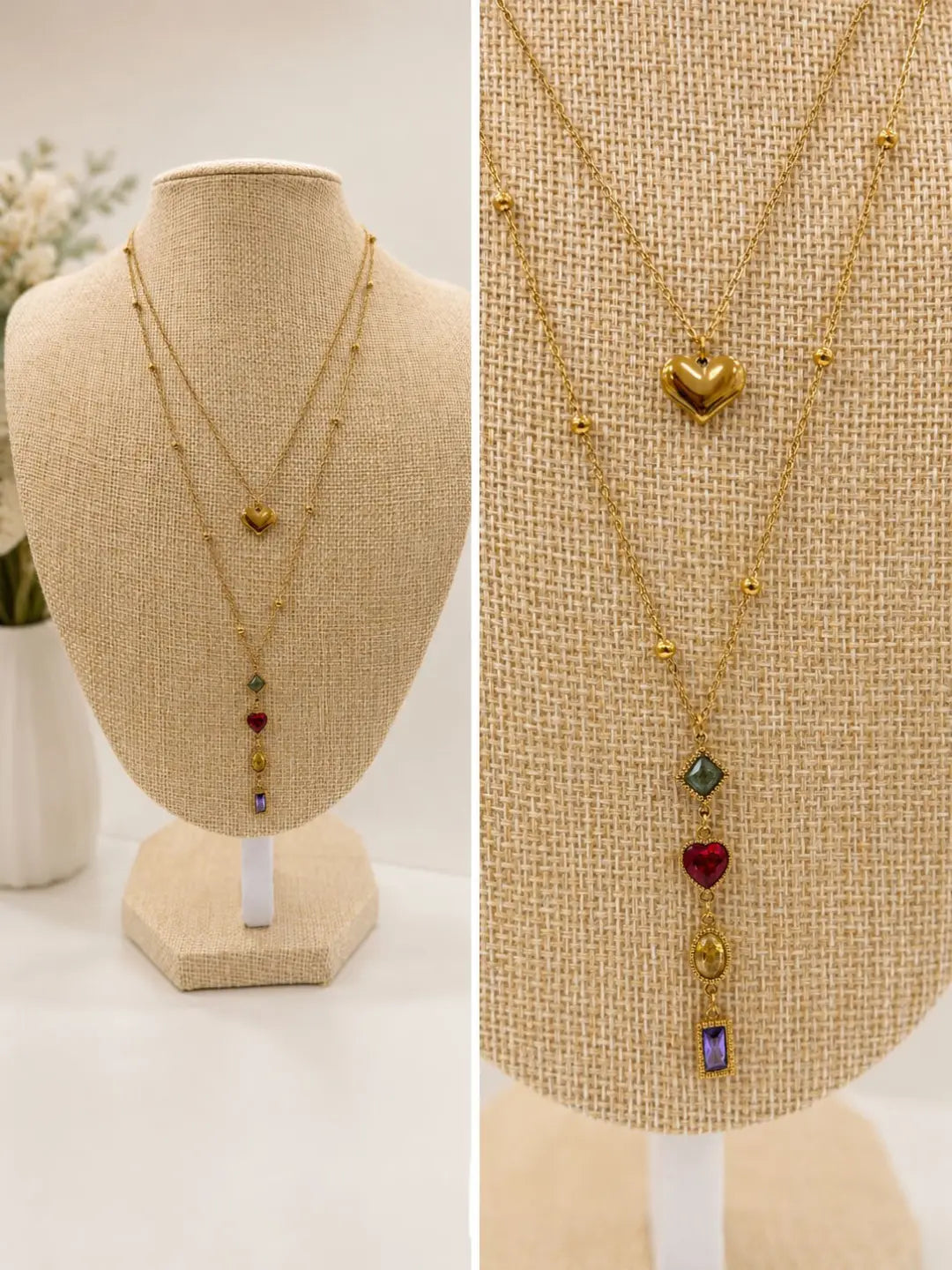 Collier double chaîne cœur & zircons multicolores