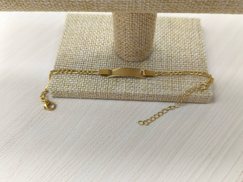 Bracelet maille figaro fin avec plaque en acier inoxydable, à graver