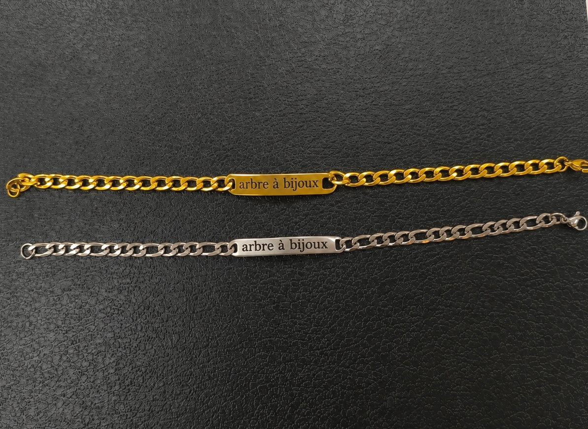 Bracelet plaque maille figaro couleur acier, à graver