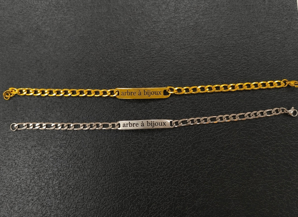 Bracelet maille figaro fin avec plaque en acier inoxydable, à graver