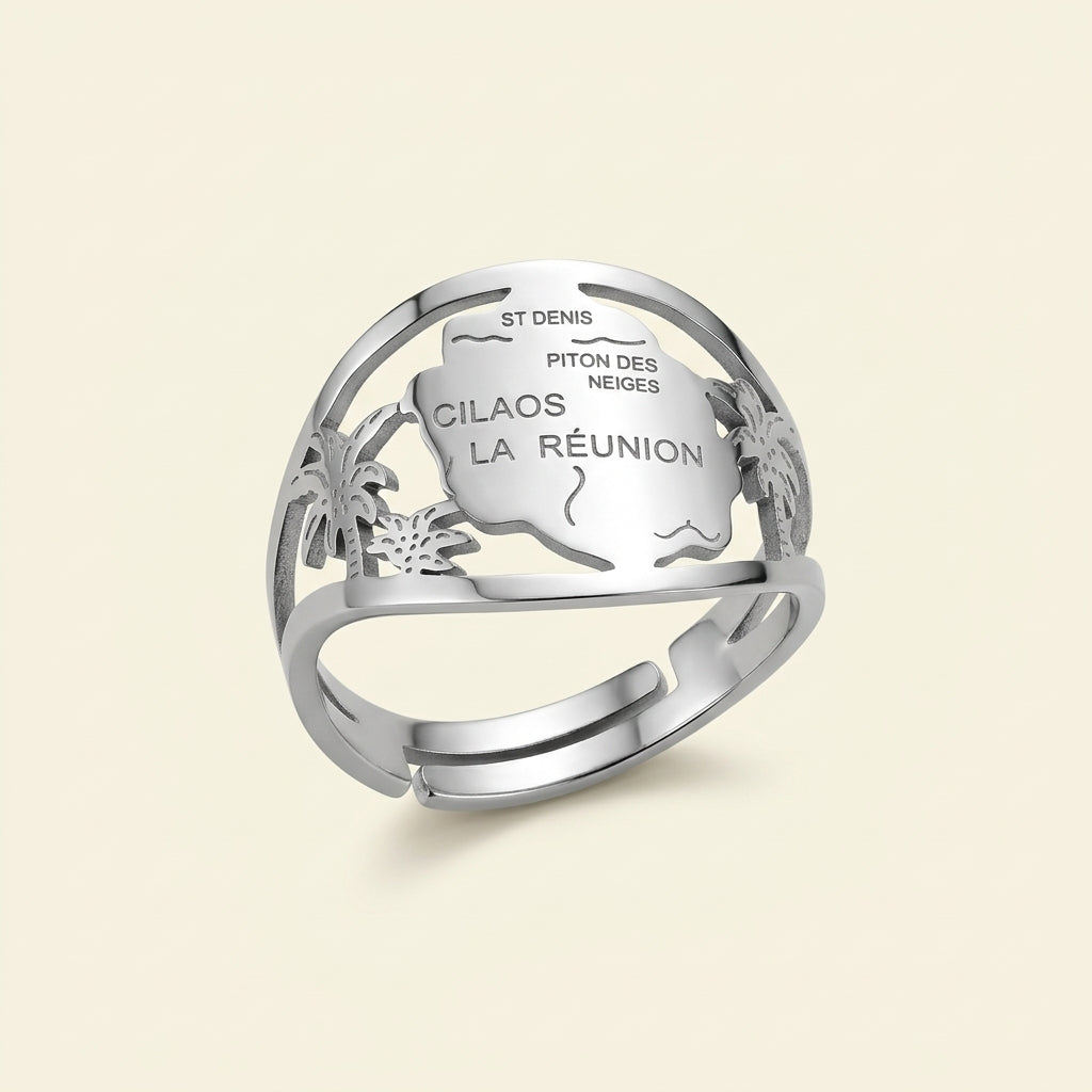 Bague réglable île de La Réunion en acier inoxydable, argenté