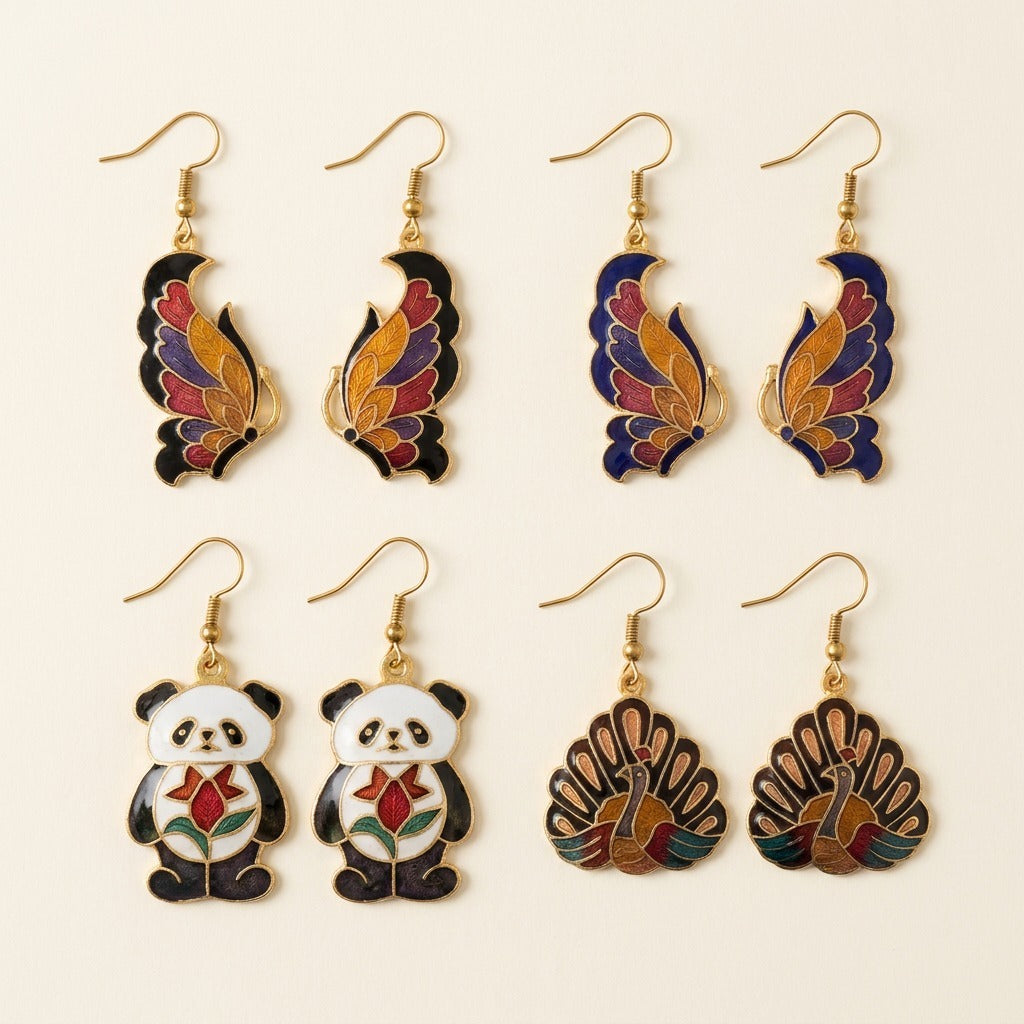 Boucles d'oreilles en cloisonné de Chine : panda, papillons, paon
