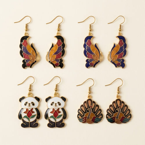 Boucles d'oreilles en cloisonné de Chine : panda, papillons, paon