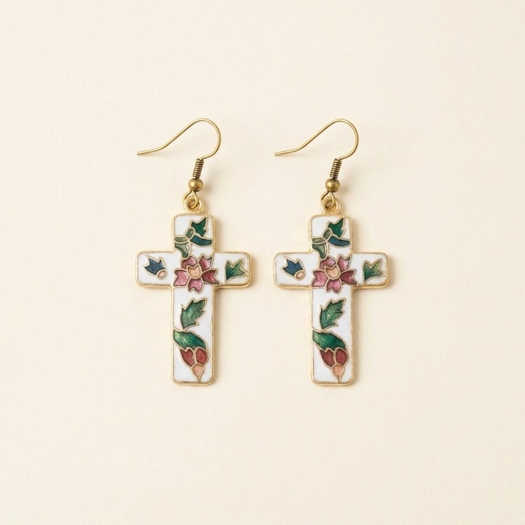 Boucles d'oreilles croix à motif floral en cloisonné, blanc