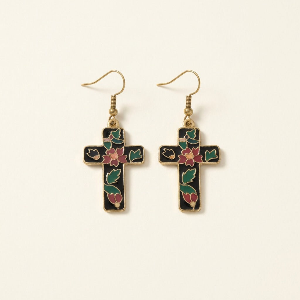 Boucles d'oreilles croix à motif floral en cloisonné, noir