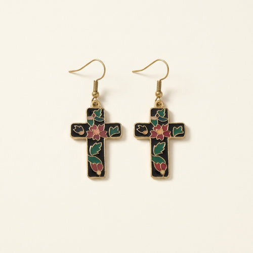 Boucles d'oreilles croix à motif floral en cloisonné, noir