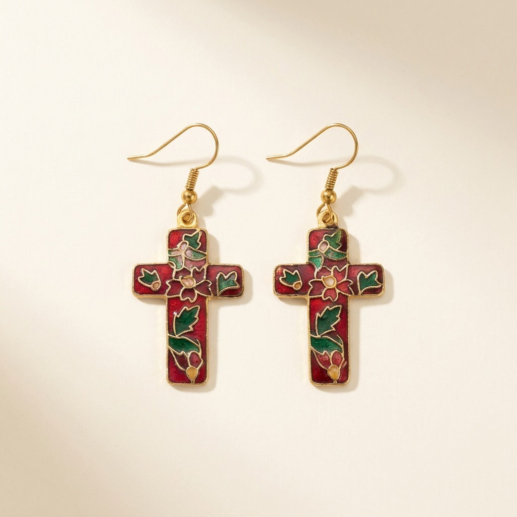 Boucles d'oreilles croix à motif floral en cloisonné, rouge