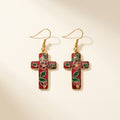 Boucles d'oreilles croix à motif floral en cloisonné, rouge