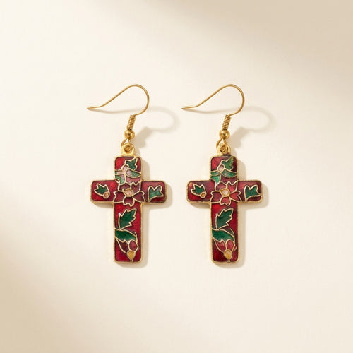 Boucles d'oreilles croix à motif floral en cloisonné, rouge