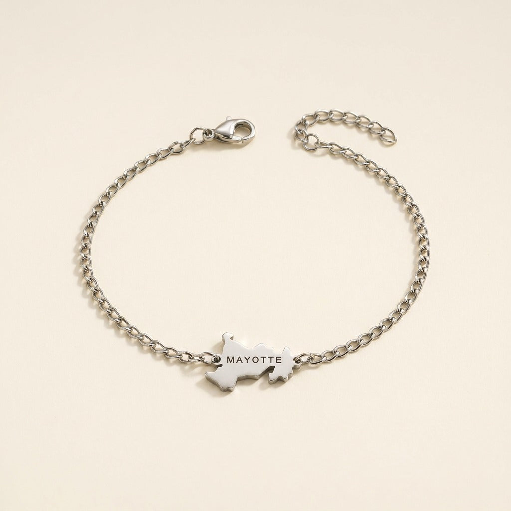 Bracelet carte de Mayotte en acier inoxydable, argenté