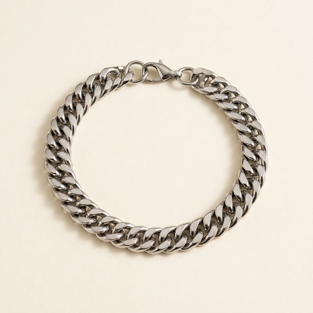 Bracelet maille cubaine en acier inoxydable, argenté