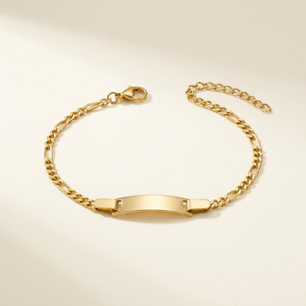 Bracelet maille figaro fin avec plaque en acier inoxydable, à graver, doré