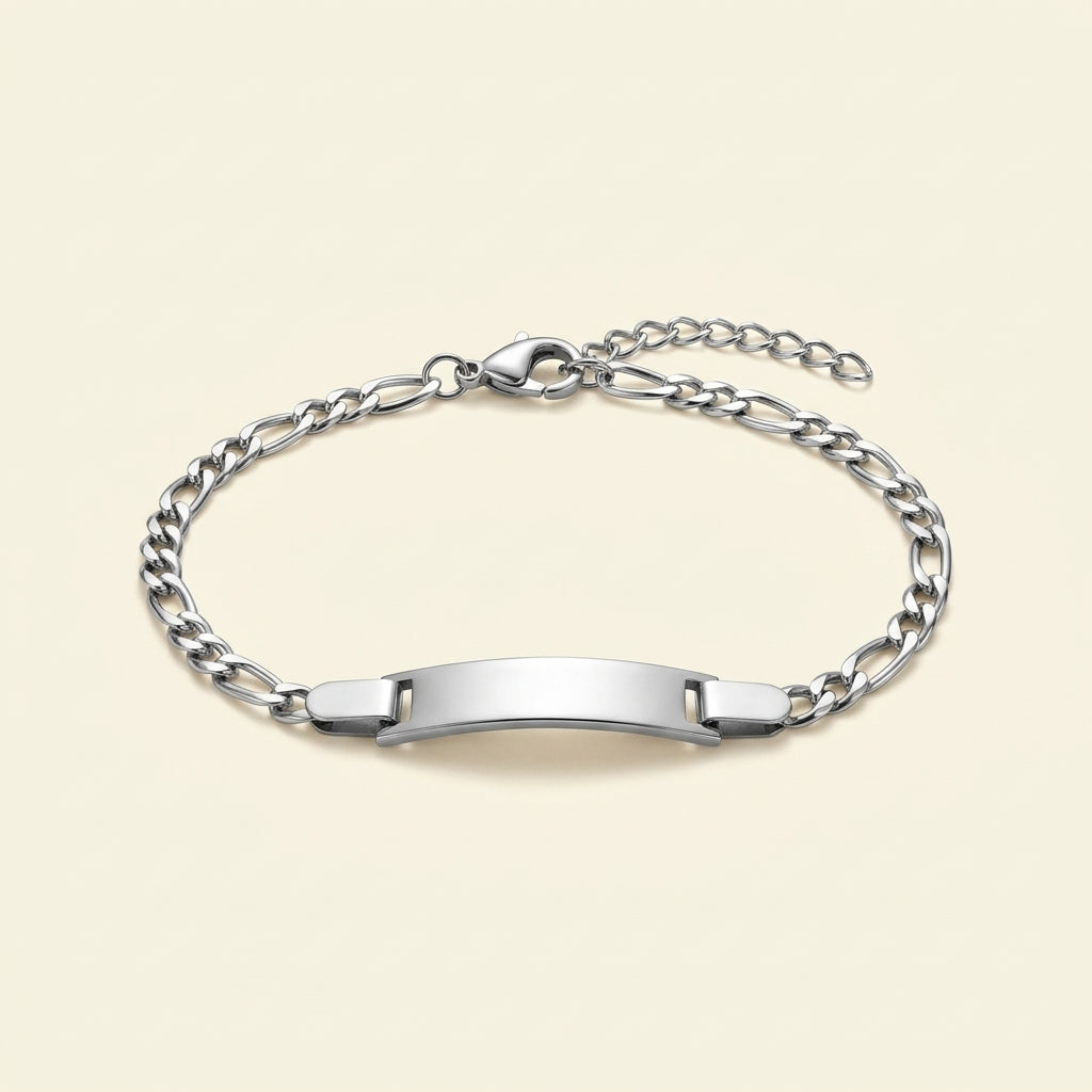 Bracelet maille figaro fin avec plaque en acier inoxydable, à graver, argenté