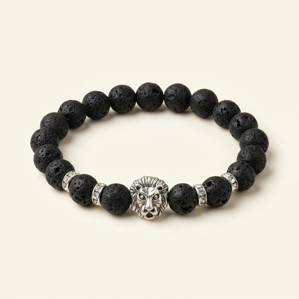 Bracelet pierre de lave tête de lion et strass