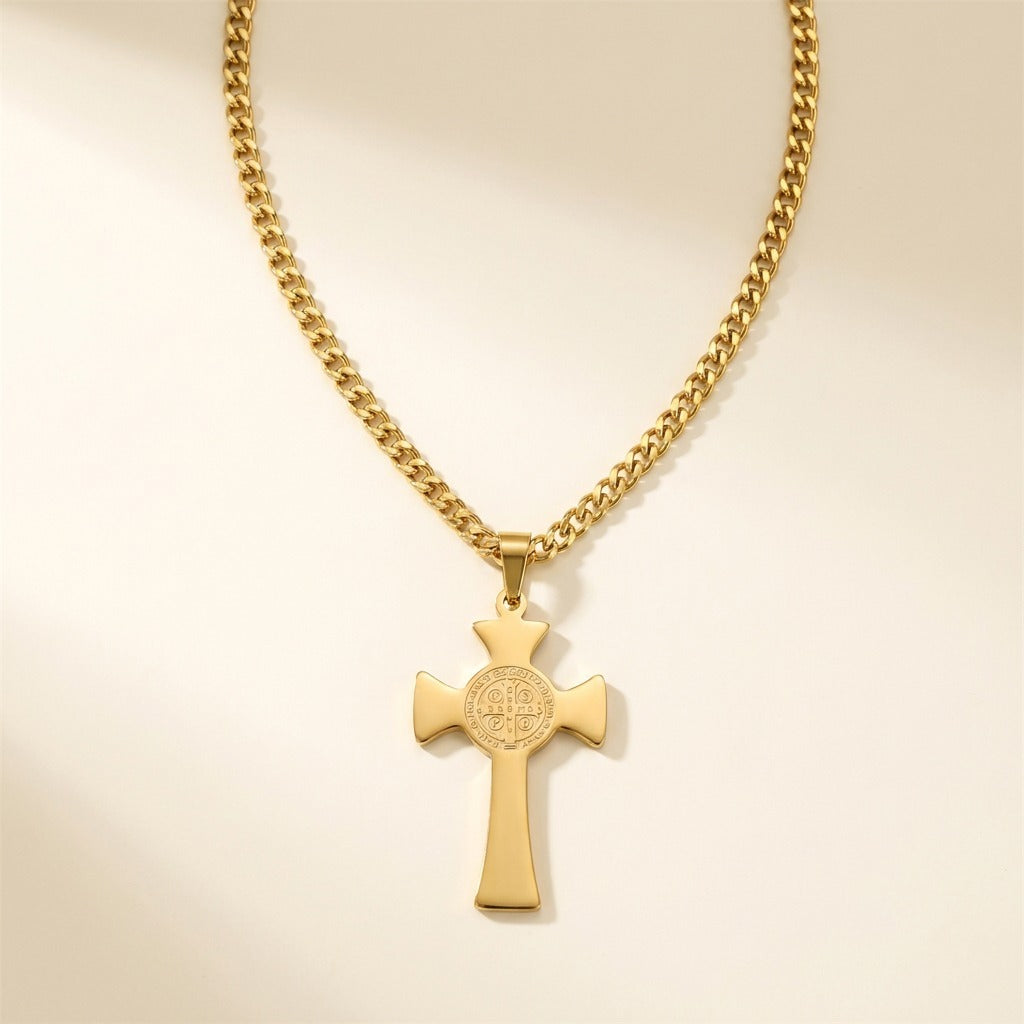Chaîne et pendentif croix de saint Benoît en acier inoxydable