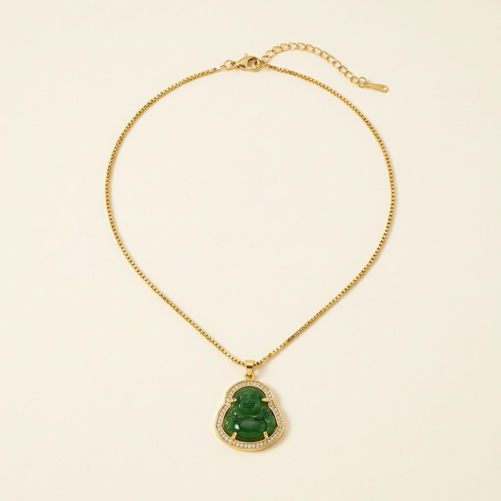 Chaîne et pendentif bouddha couleur jade en acier inoxydable