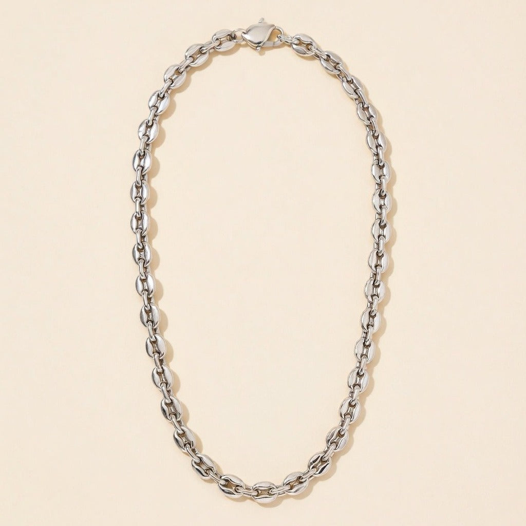 Collier chaîne maille grain de café en acier inoxydable, argenté