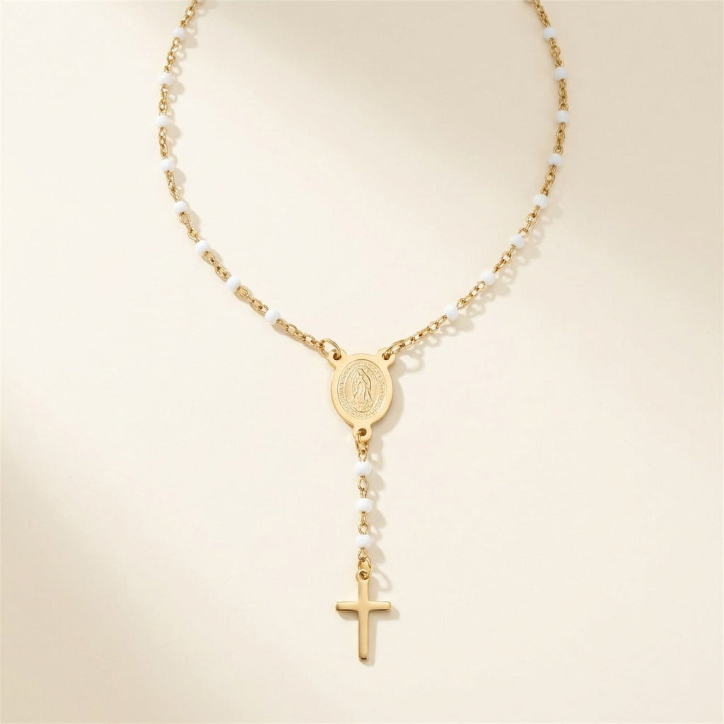 Collier chapelet en acier inoxydable, blanc