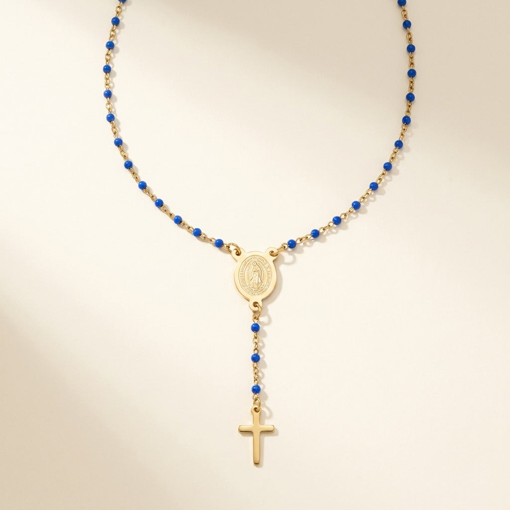 Collier chapelet en acier inoxydable, bleu