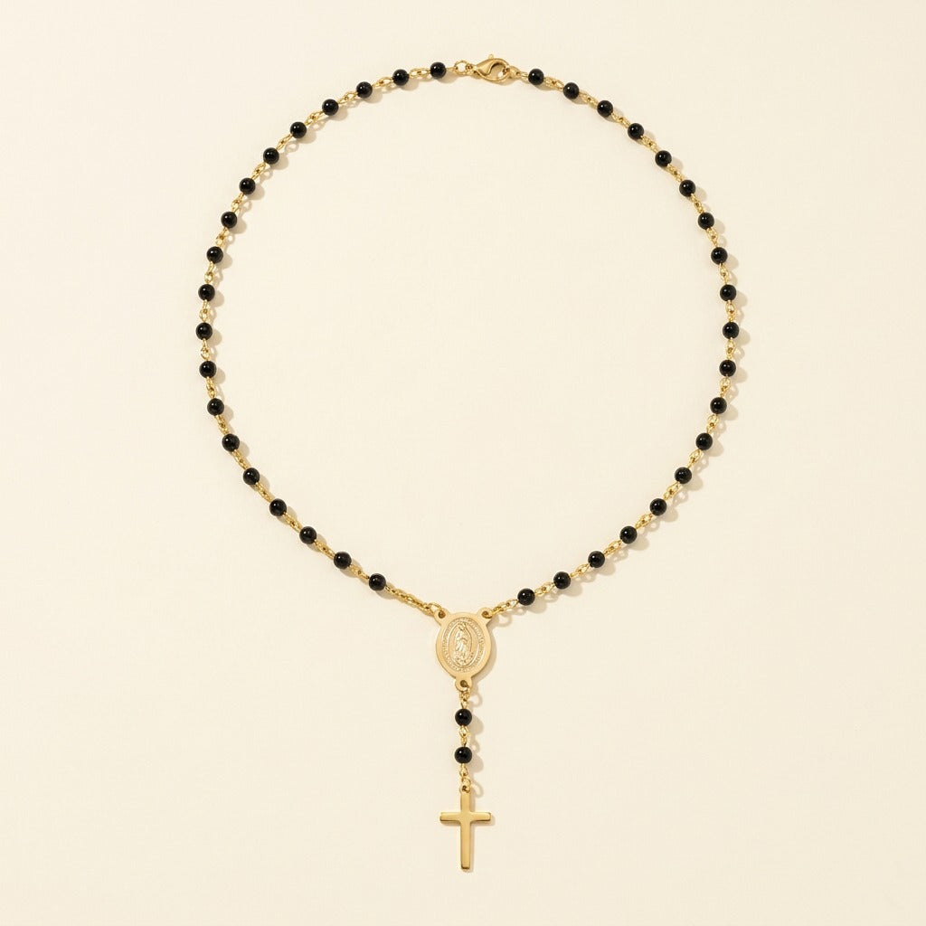 Collier chapelet en acier inoxydable, noir