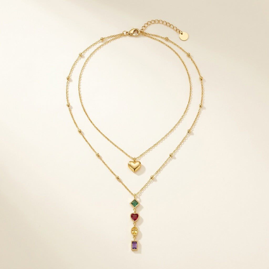 Collier double chaîne cœur & zircons multicolores