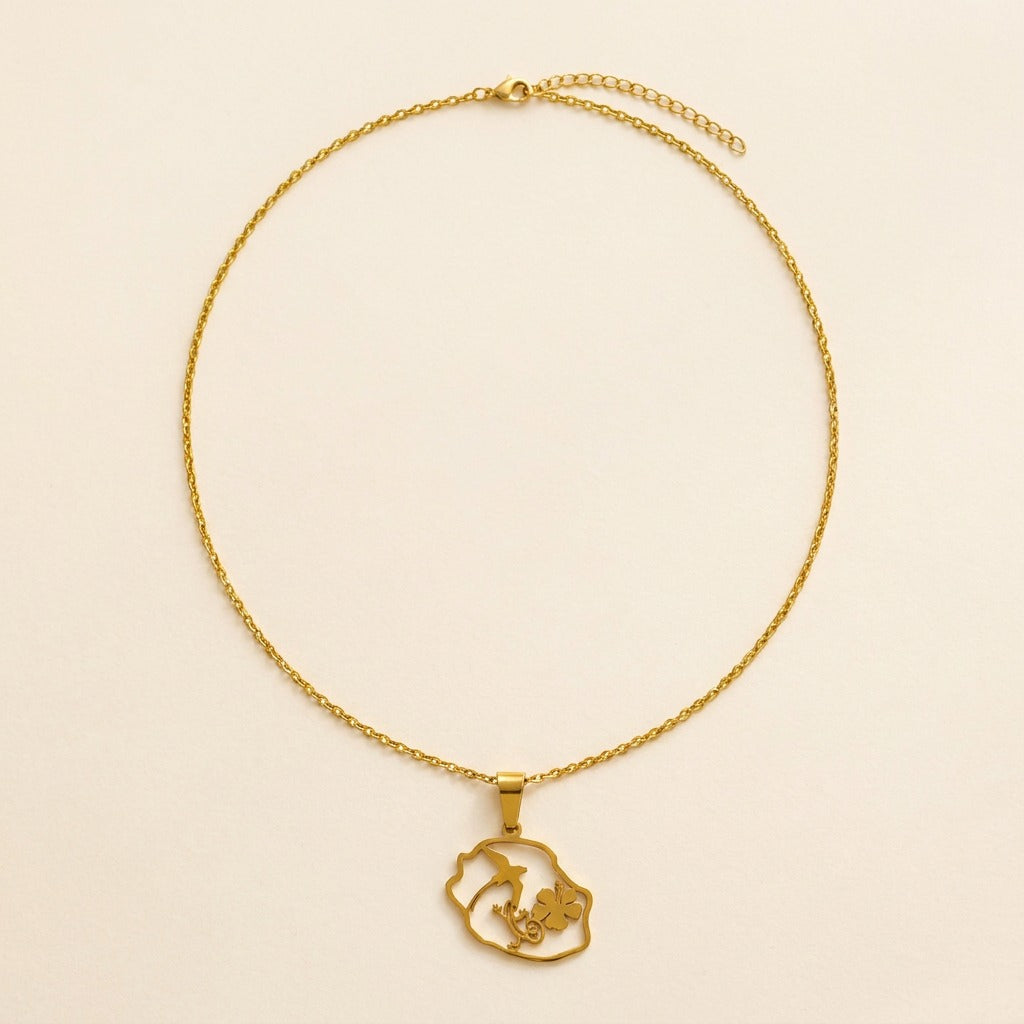 Collier pendentif carte de La Réunion en acier inoxydable, doré