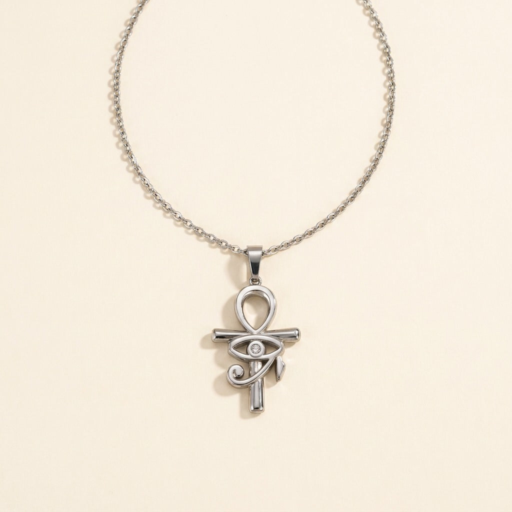 Collier pendentif croix égyptienne en acier inoxydable, argenté