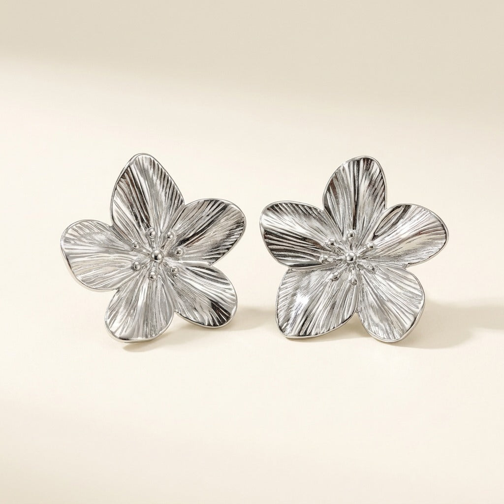 Boucles d'oreilles clou fleur d'hibiscus en acier inoxydable, argenté