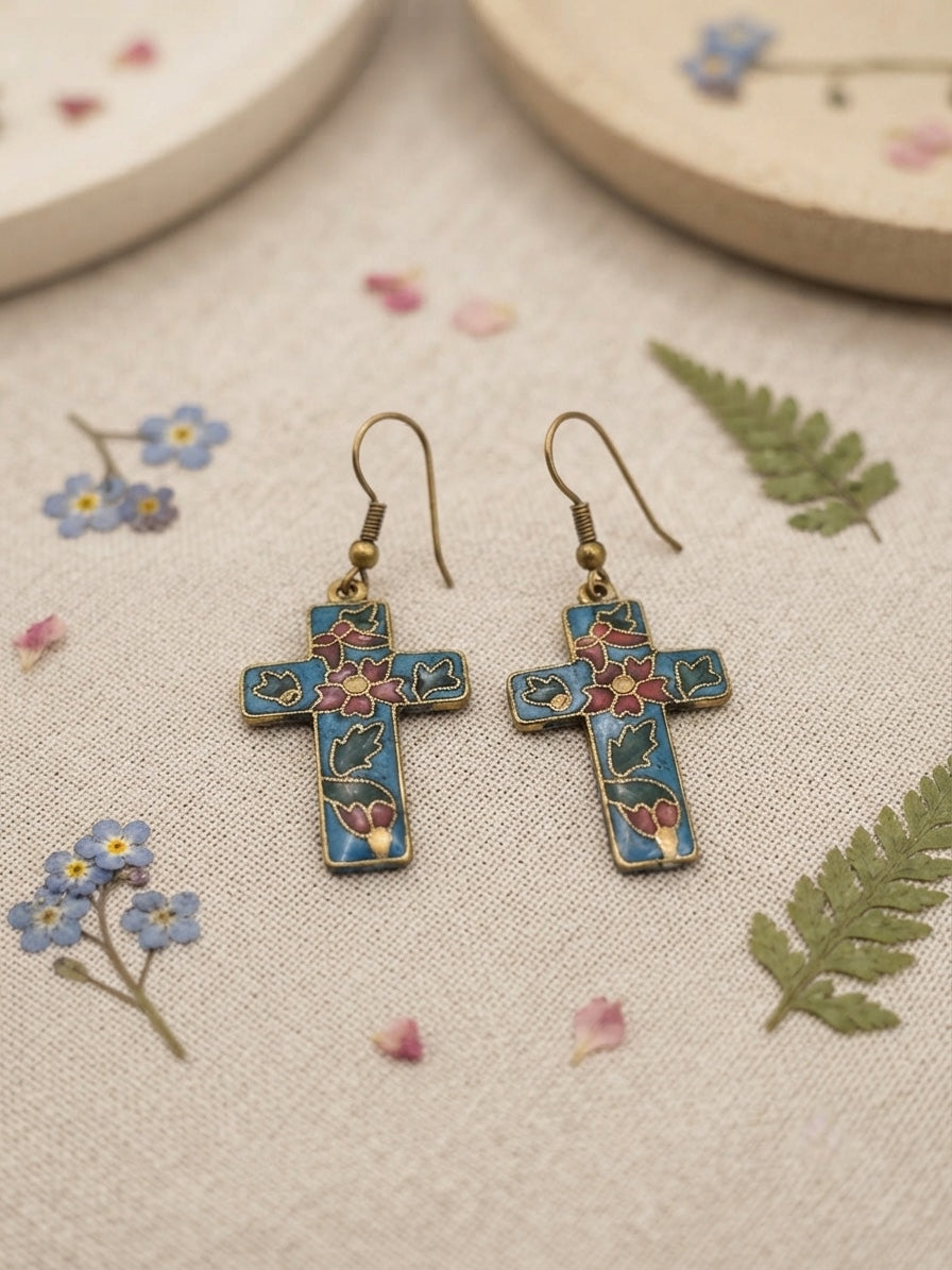 Boucles d'oreilles croix à motif floral en cloisonné