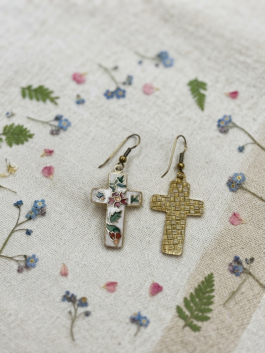 Boucles d'oreilles croix à motif floral en cloisonné