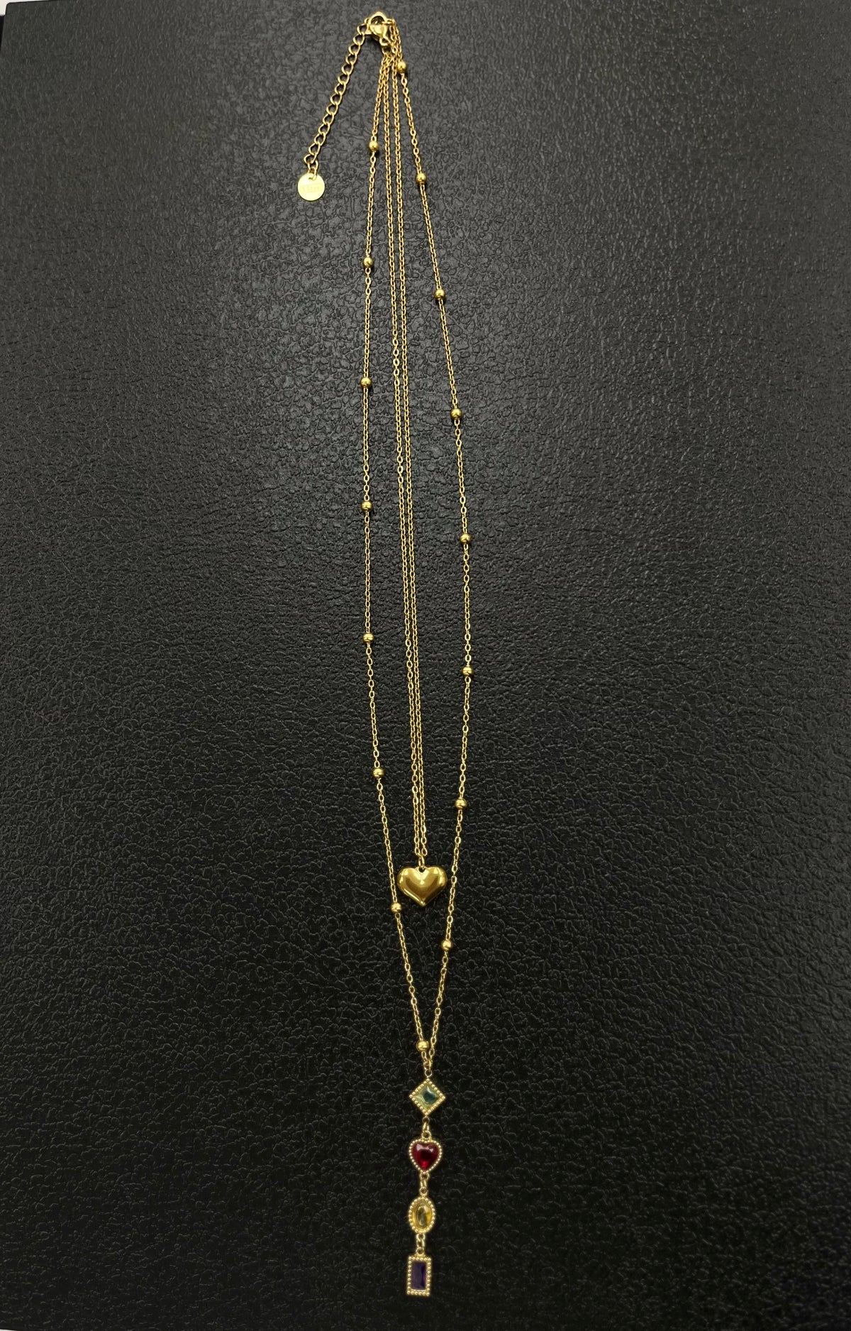 Collier double chaîne cœur & zircons multicolores