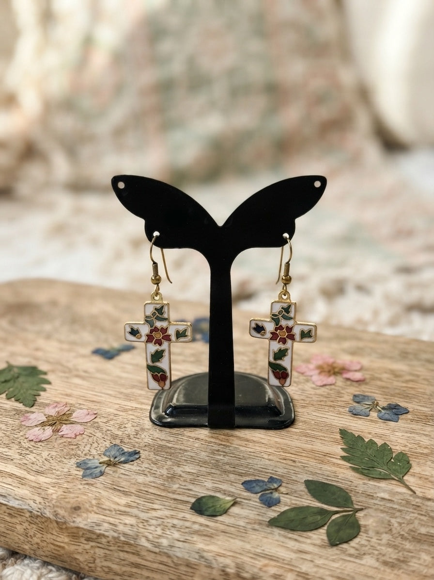 Boucles d'oreilles croix à motif floral en cloisonné