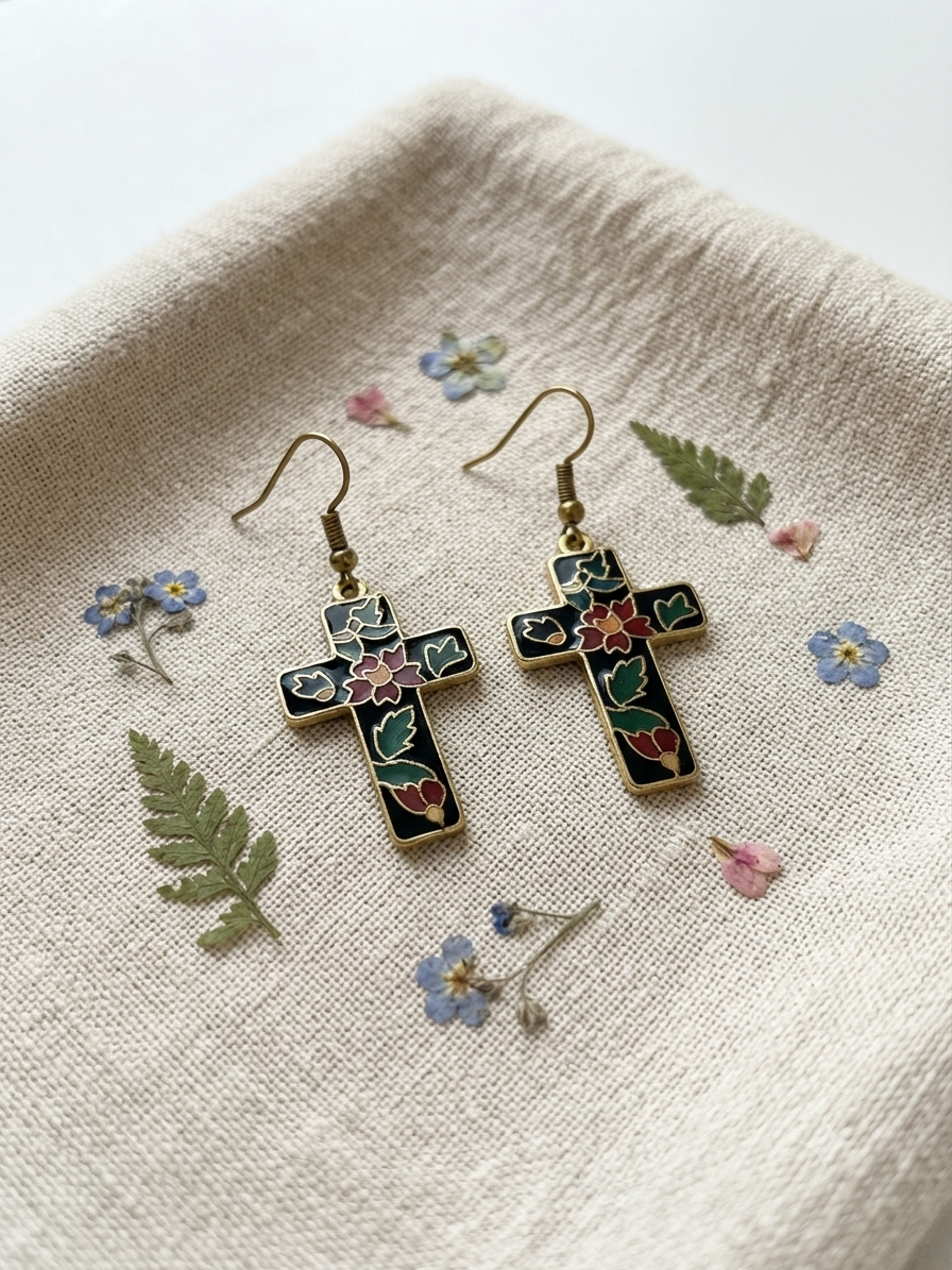 Boucles d'oreilles croix à motif floral en cloisonné