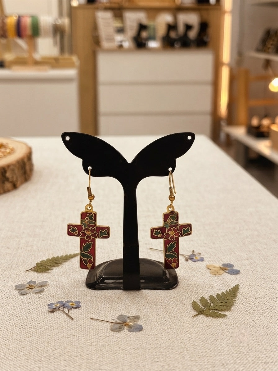 Boucles d'oreilles croix à motif floral en cloisonné