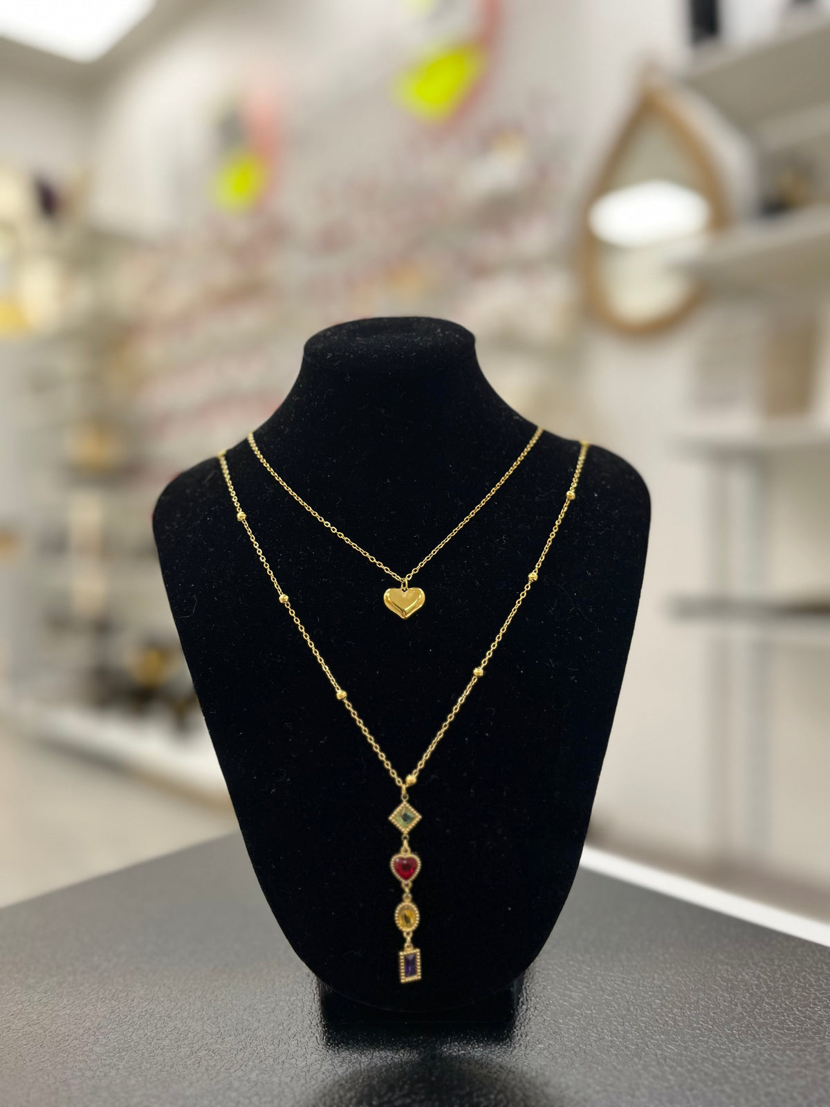 Collier double chaîne cœur & zircons multicolores