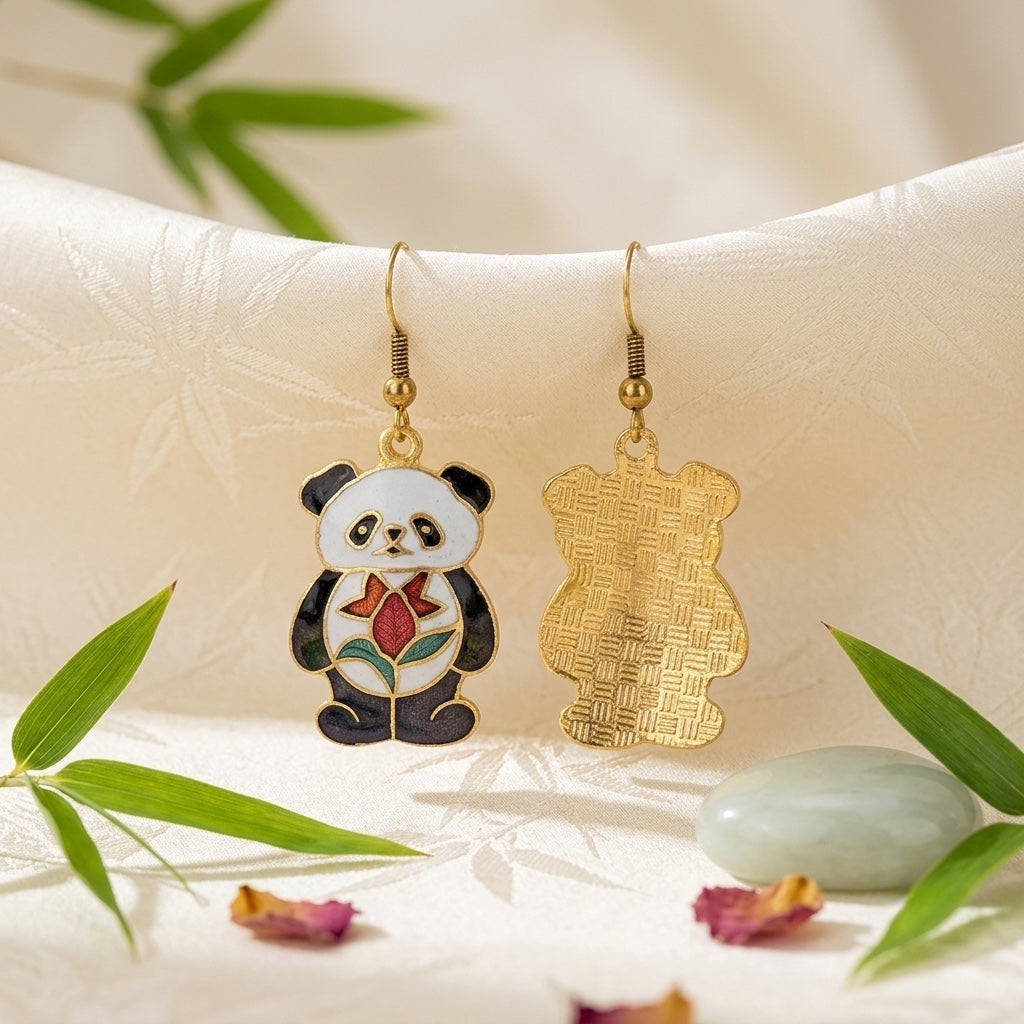 Boucles d'oreilles en cloisonné de Chine : panda, papillons, paon