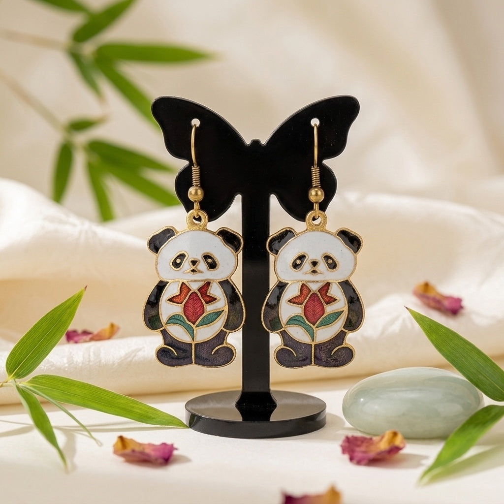 Boucles d'oreilles en cloisonné de Chine : panda, papillons, paon