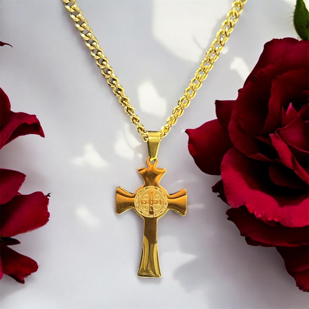 Chaîne et pendentif croix de saint Benoît en acier inoxydable