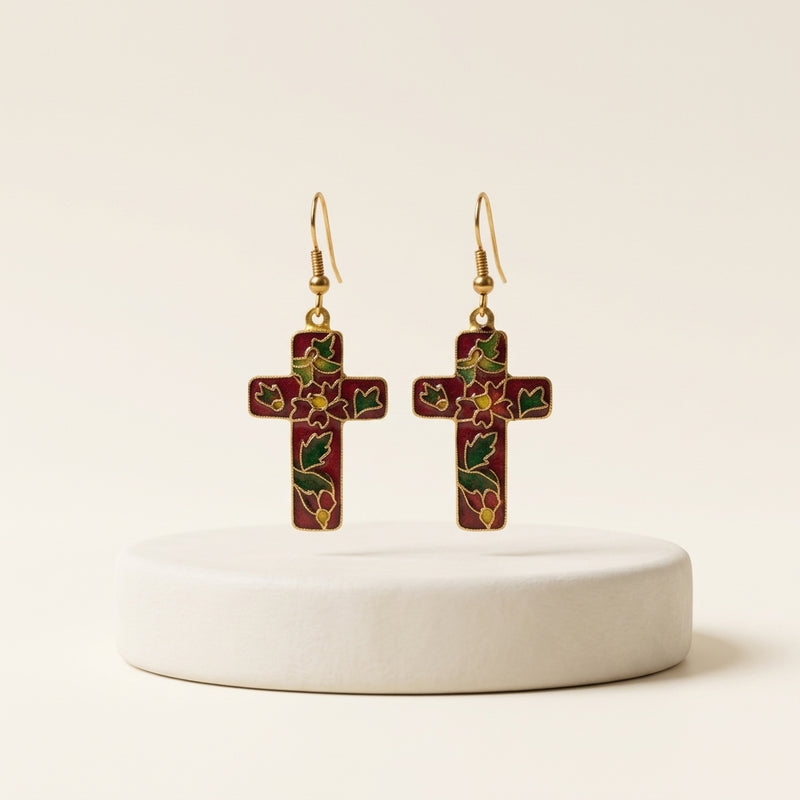 Boucles d'oreilles croix en émail cloisonné motifs floraux - L'Arbre à Bijoux