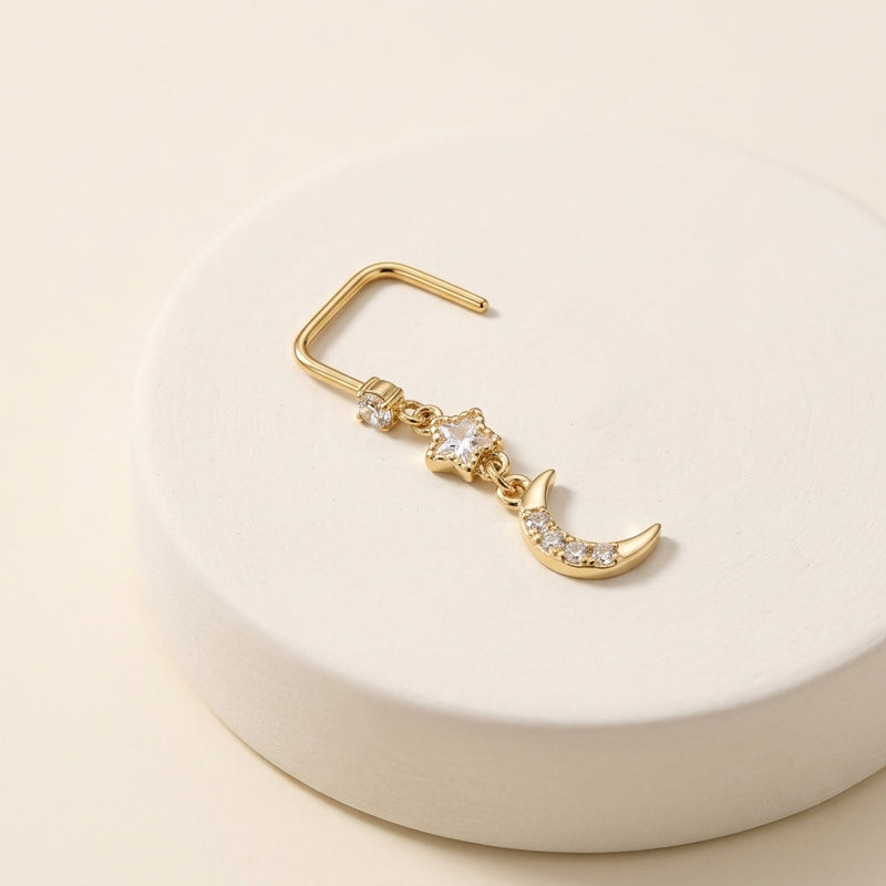 Piercing de nez doré avec pampille lune et zircon - L'Arbre à Bijoux