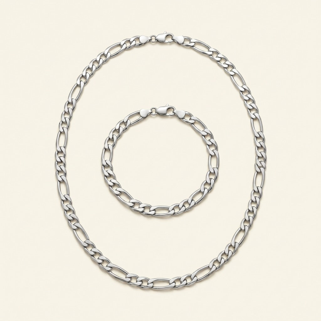 Parure collier et bracelet maille figaro en acier inoxydable