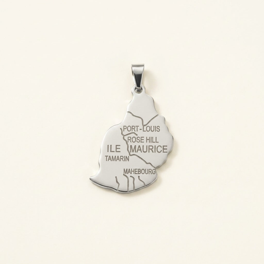 Pendentif carte de l'île Maurice en acier inoxydable, argenté