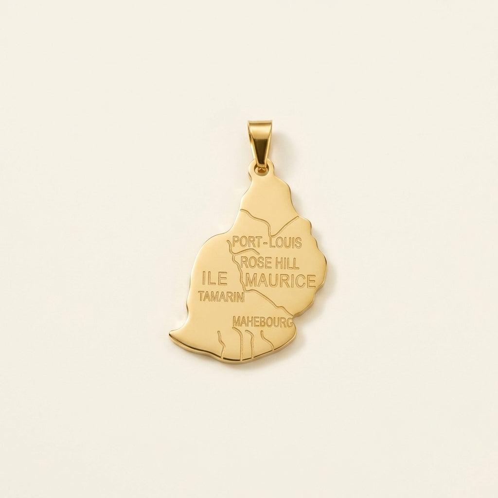 Pendentif carte de l'île Maurice en acier inoxydable, doré