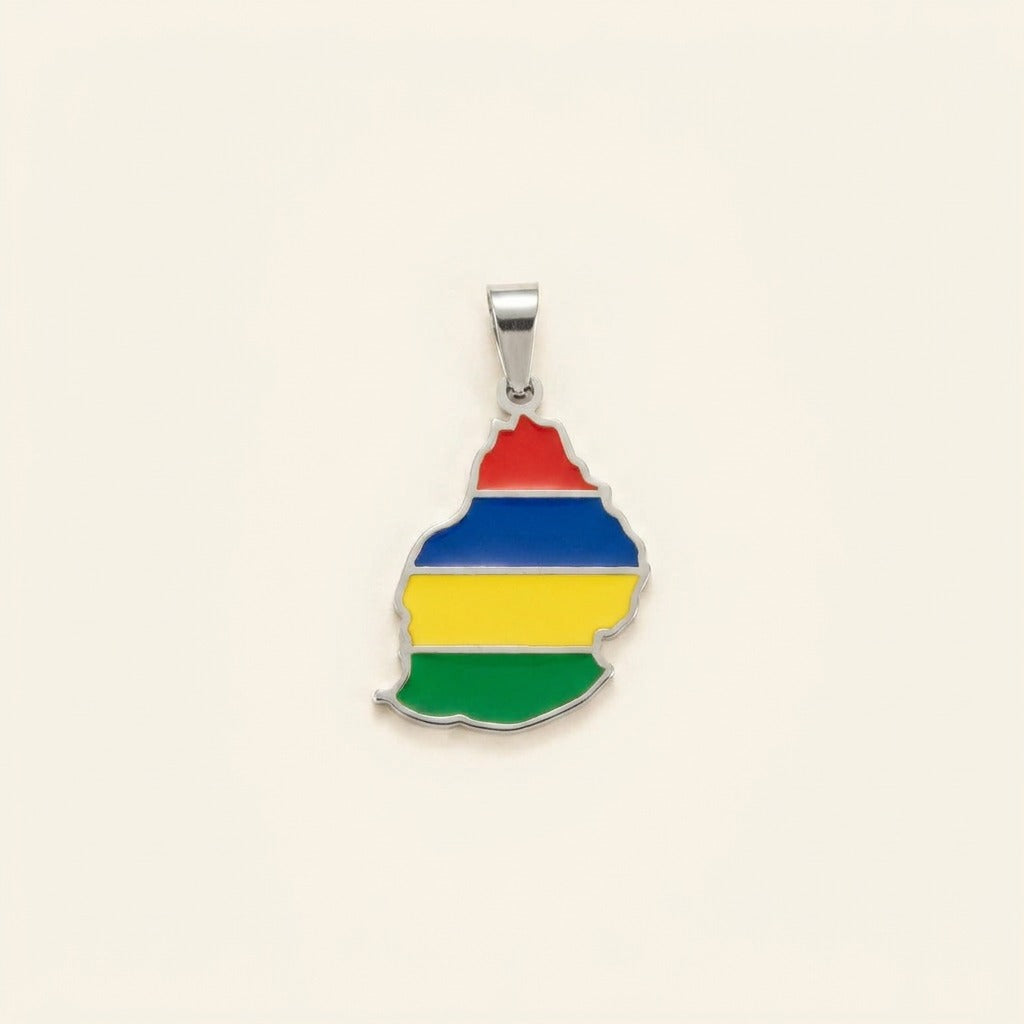 Pendentif carte de l'île Maurice colorée en acier inoxydable, argenté