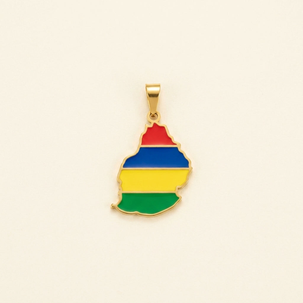 Pendentif carte de l'île Maurice colorée en acier inoxydable, doré