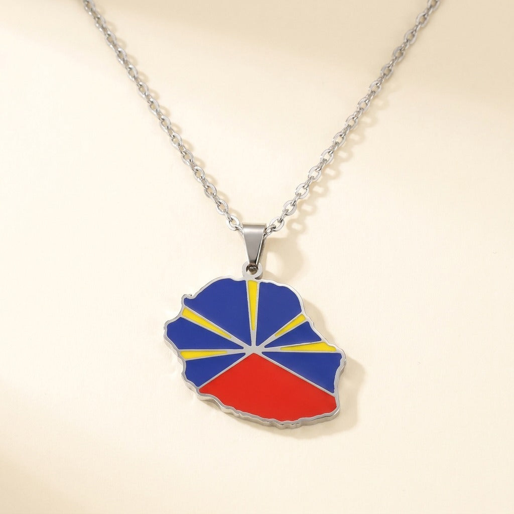 Pendentif carte de La Réunion colorée en acier inoxydable, argenté