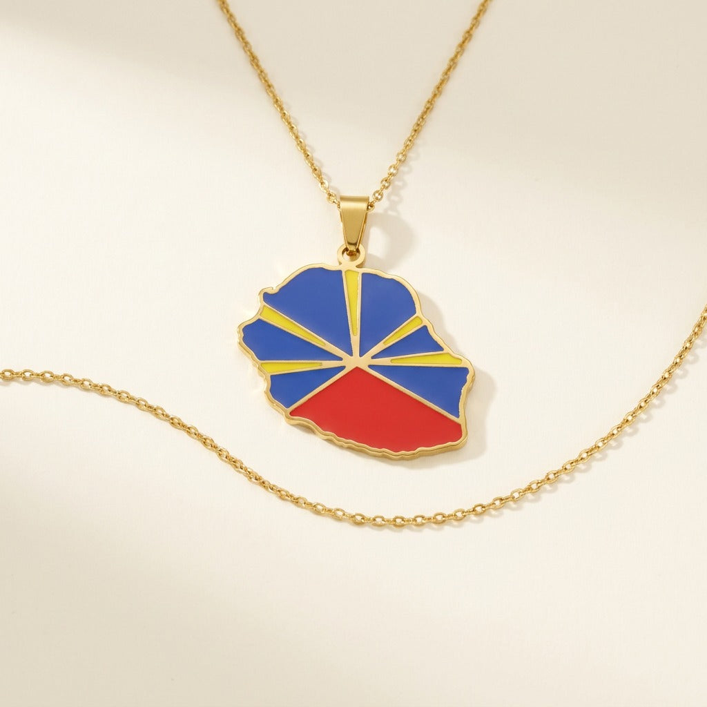 Pendentif carte de La Réunion colorée en acier inoxydable, doré