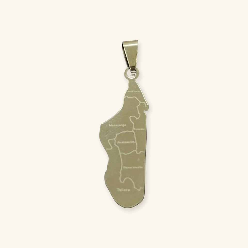 Pendentif carte de Madagascar en acier inoxydable, argenté