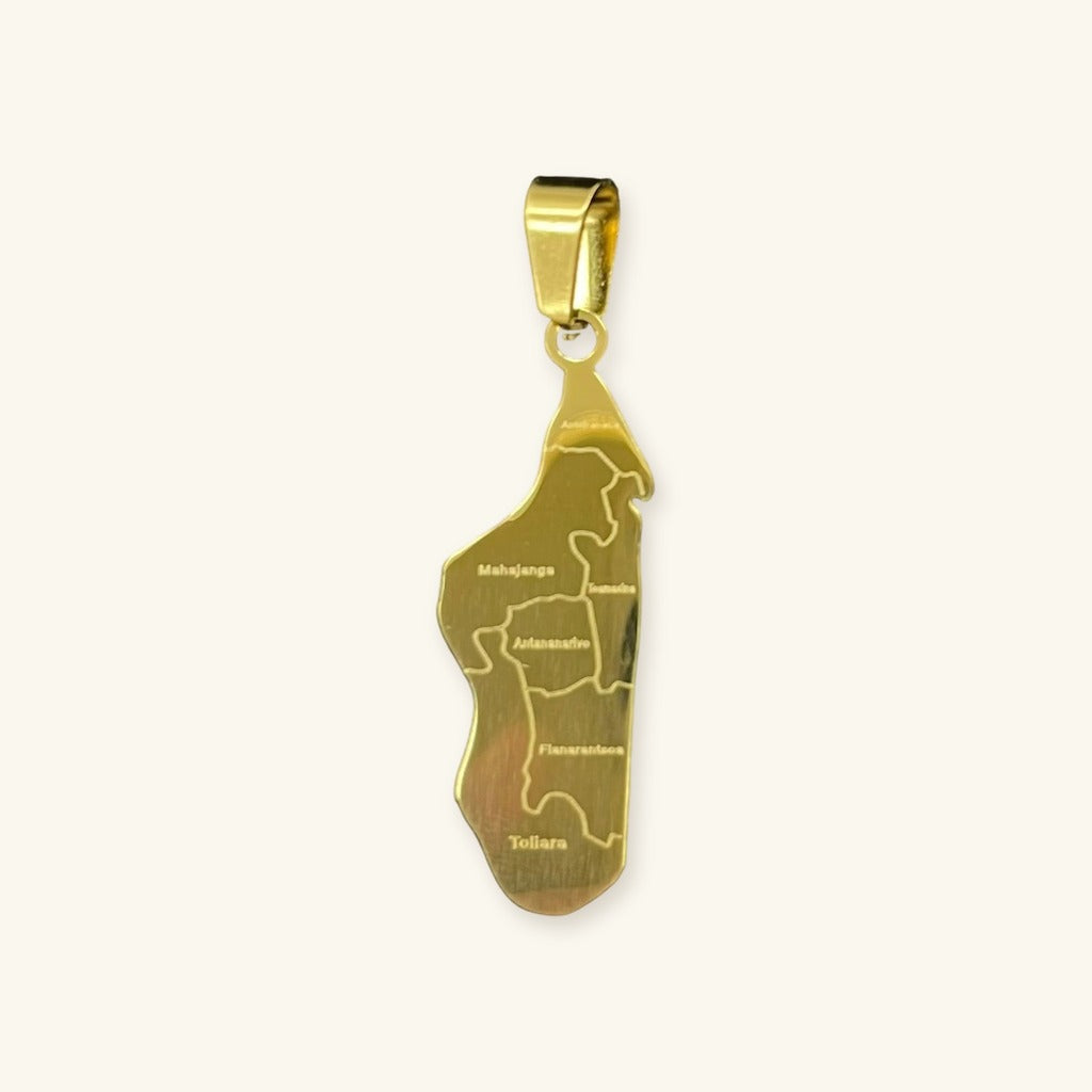 Pendentif carte de Madagascar en acier inoxydable, doré