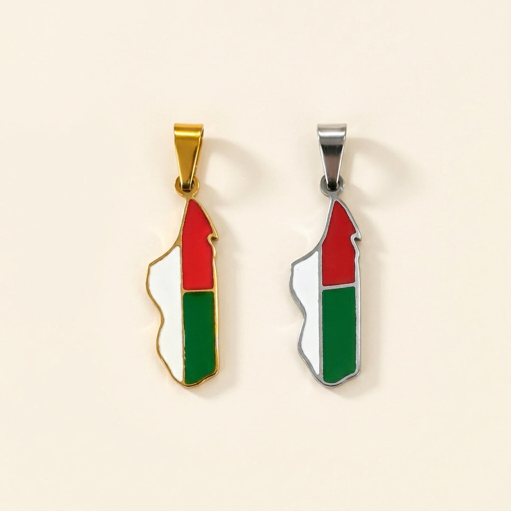 Pendentif carte de Madagascar colorée en acier inoxydable, doré et argenté (les deux côte à côte)